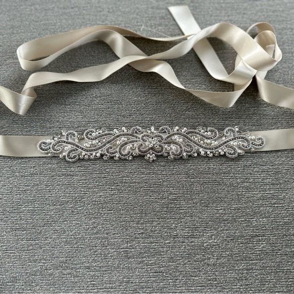 Mikaella Satin Bridal Belt Champagne Ivory Silver Beaded - Picture 5 of 5